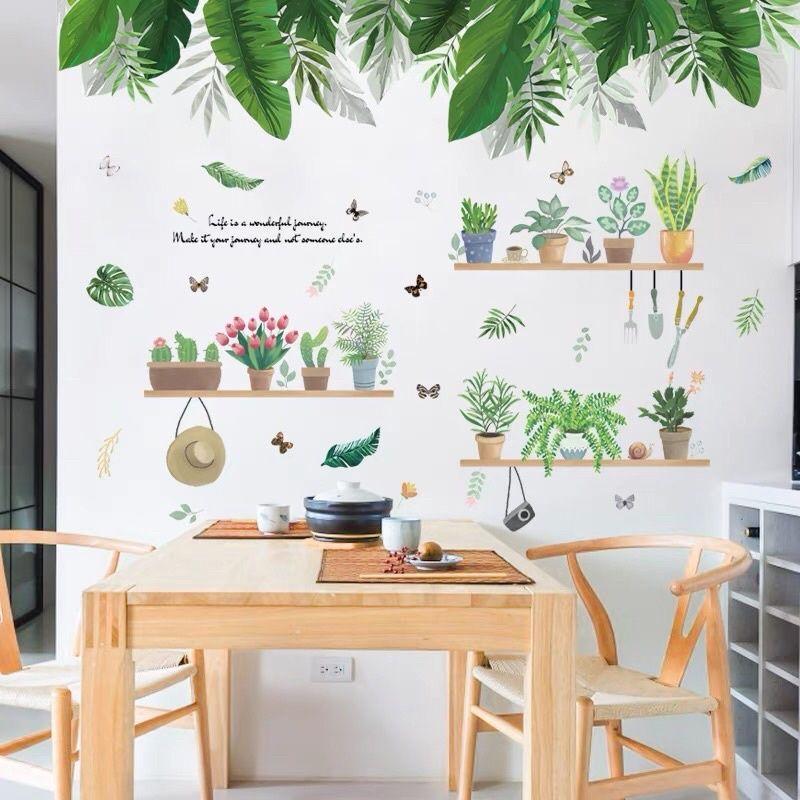 Decal dán tường tán lá xanh và kệ cây