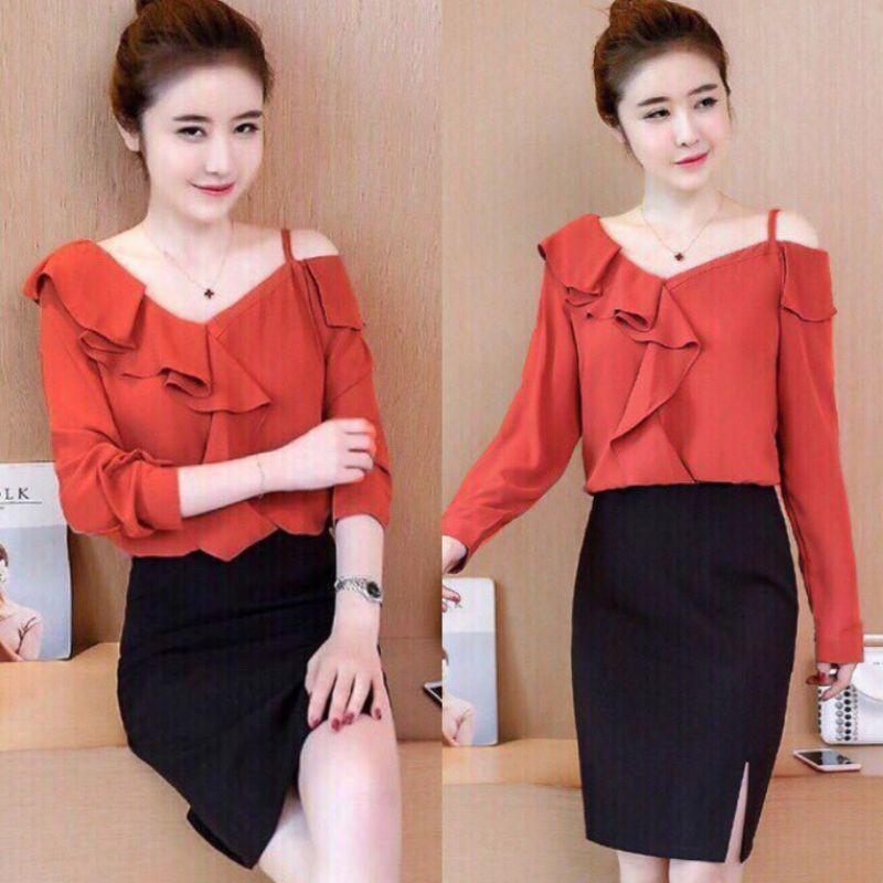 Sét áo tay đai cổ bèo 1 dây phối chân váy xẻ