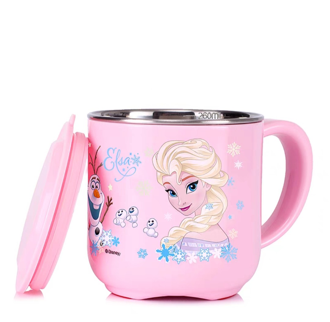 Ly cốc giữ nhiệt Disney in hình Elsa Anna Frozen P.1 màu hồng có nắp và quai cầm cho bé - 260ml