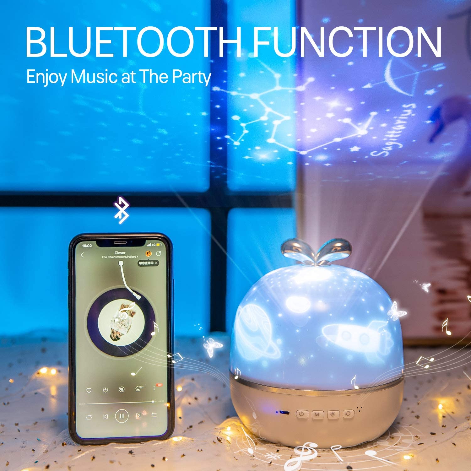 Chill Party-Đèn Chiếu Ngàn Sao 6 phong cách kiêm đèn ngủ xoay tự động, tích hợp phát nhạc bằng Bluetooth nhiều màu sắc tuyệt đẹp, sạc lại bằng USB – Kiểu cây cỏ – Phát nhạc bằng Bluetooth kết nối ĐT, có Remote từ xa – Sạc USB