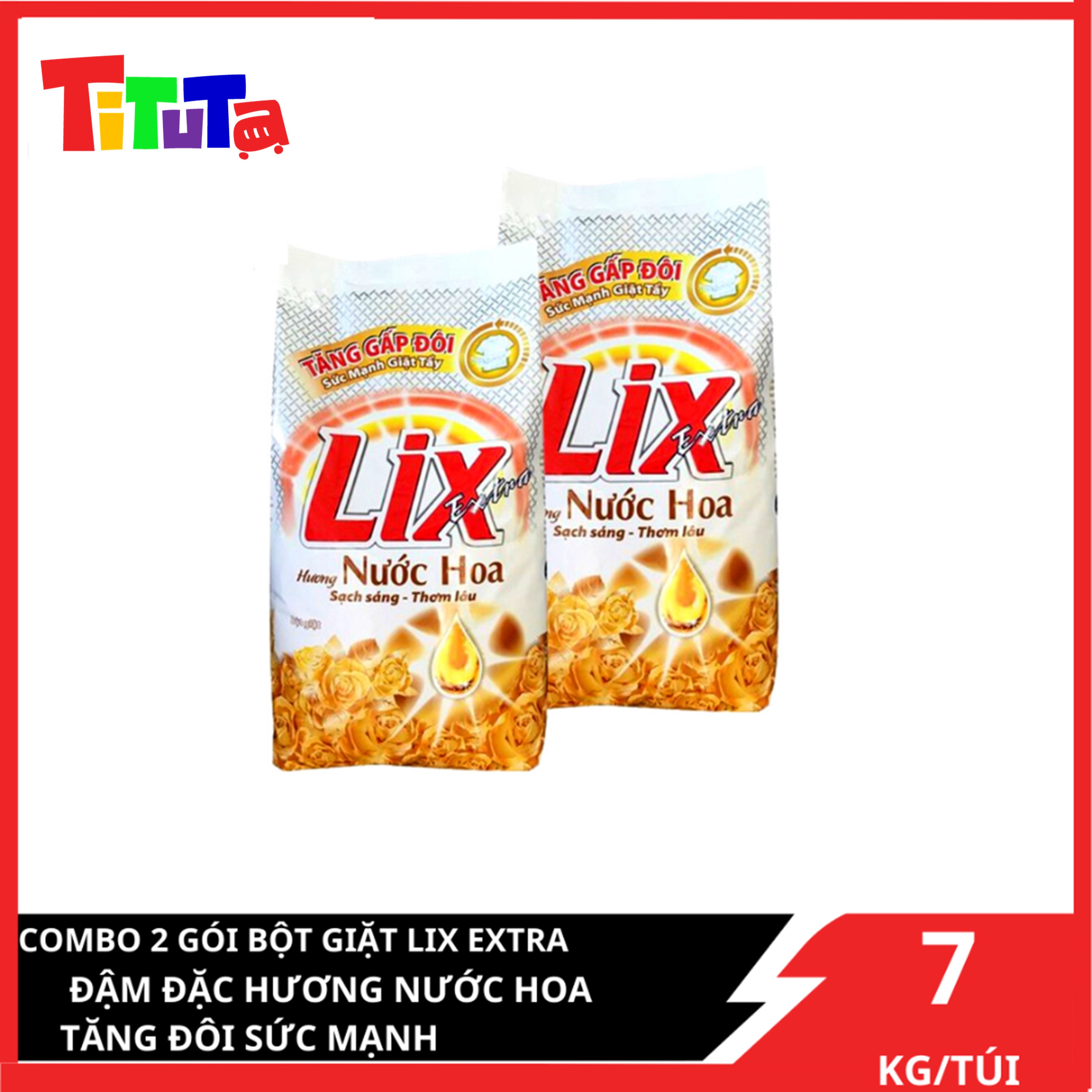 COMBO 2 gói Bột giặt Lix Extra Hương nước hoa (Vàng) tăng gấp đôi sức mạnh giặt tẩy 7kgX2