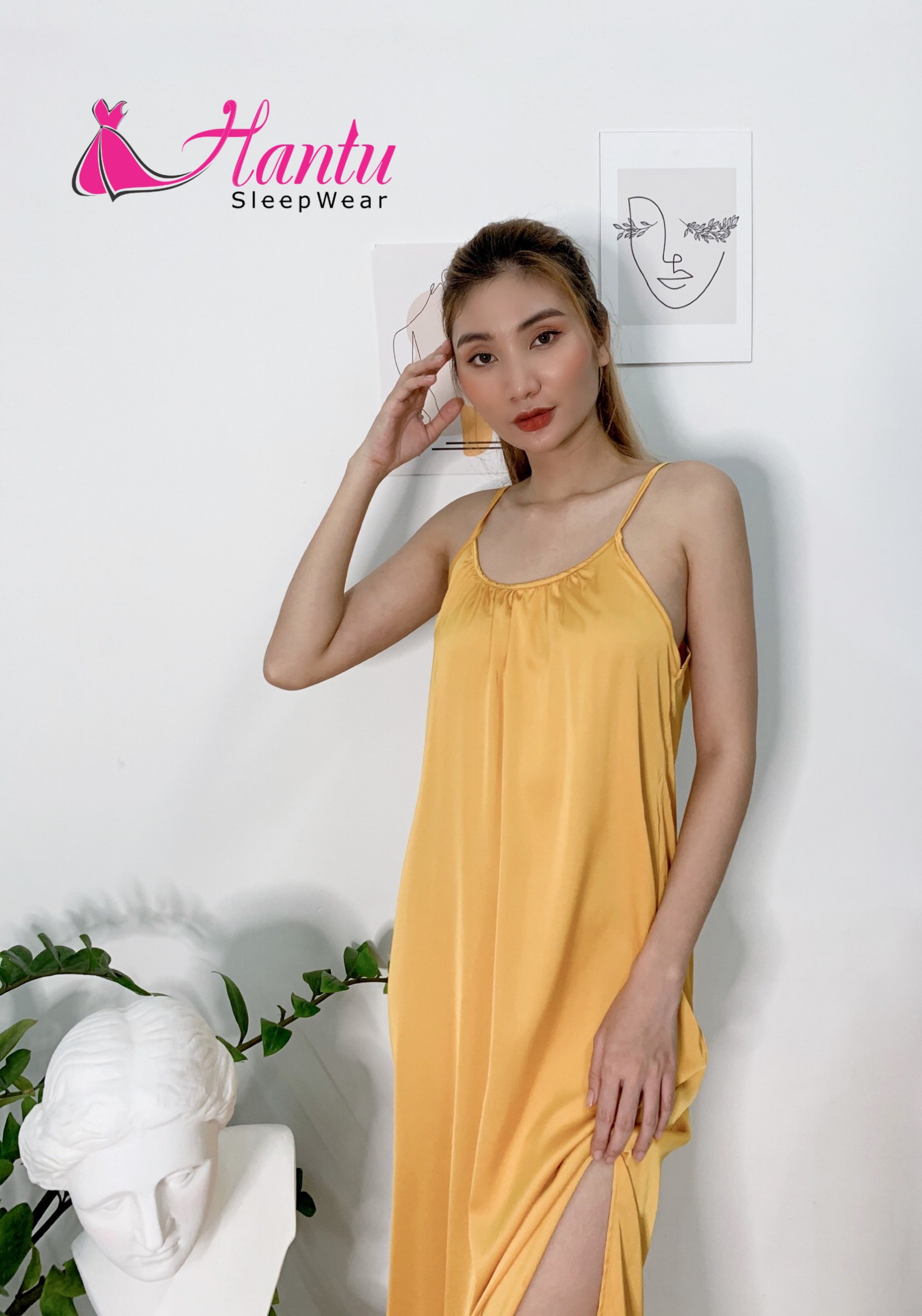 Váy ngủ lụa trơn dáng dài xẻ tà sexy,sang trọng Hantu -CONHUM ĐỦ MÀU ĐỦ SIZE