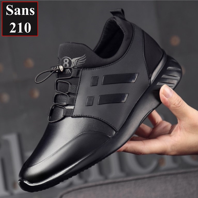 Giày tăng chiều cao nam unisex 8cm Sans210 sneaker da bò thật full đen thể thao có big size to lớn 44 45 46 47 48 độn đế