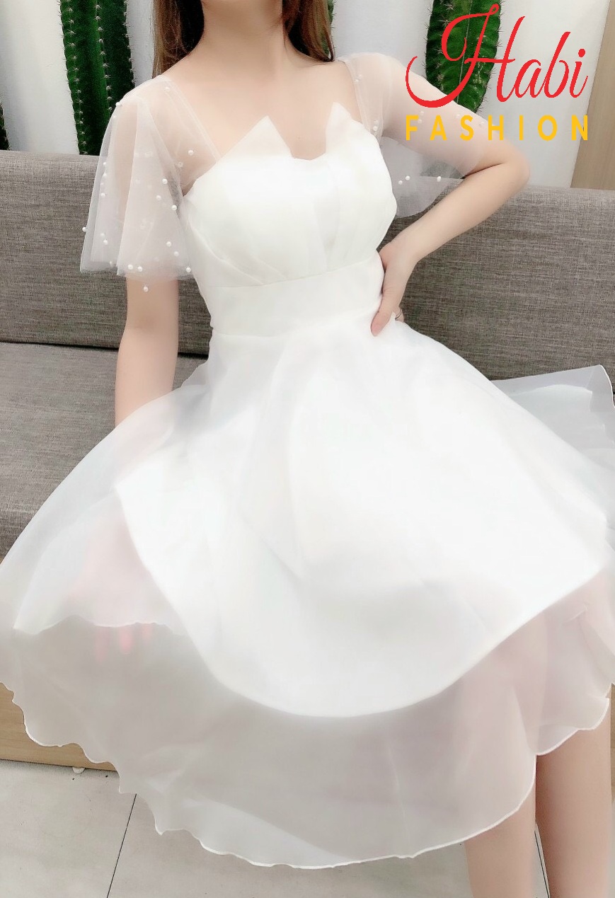 Váy trắng xòe công chúa dự tiệc, đi cưới, kỷ yếu cực chảnh, đầm thiết kế dáng xòe màu trắng ngực V có mút ngực (