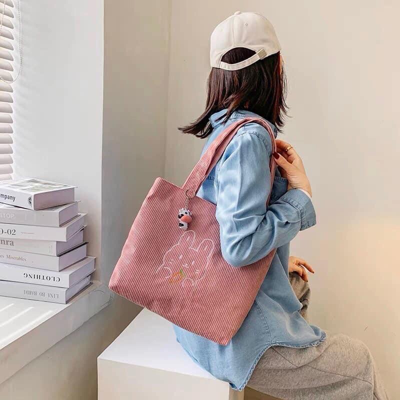 M376 Túi tote len gân chất liệu nhung gân + tặng kèm con bò sữa