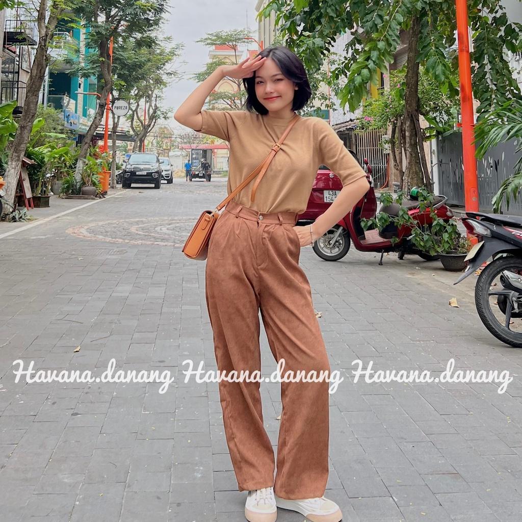 Quần nhung tăm ống suông rộng, cạp chun, form suông dài
