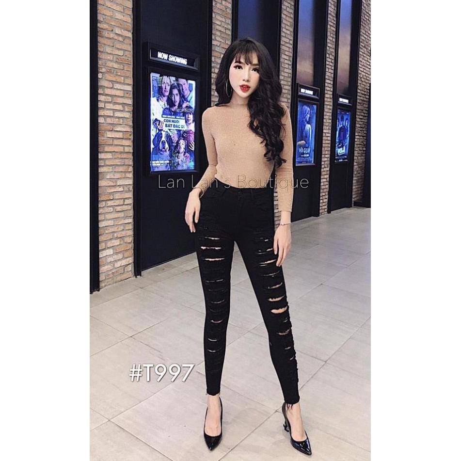 Quần jean nữ đen rách nhiều đường