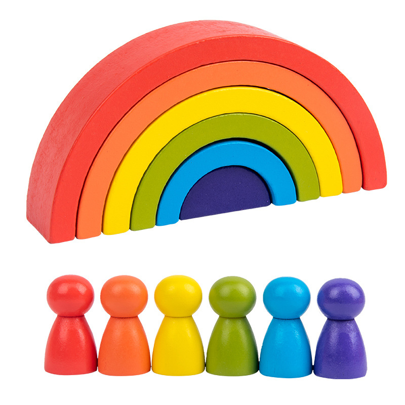 Đồ Chơi Xếp Hình Bằng Gỗ, Đồ Chơi Montessori Tina Khối Xây Dựng Cầu Vồng Cùng Với Nhân Vật Giáo Dục Trẻ Em Đầy Màu Sắc