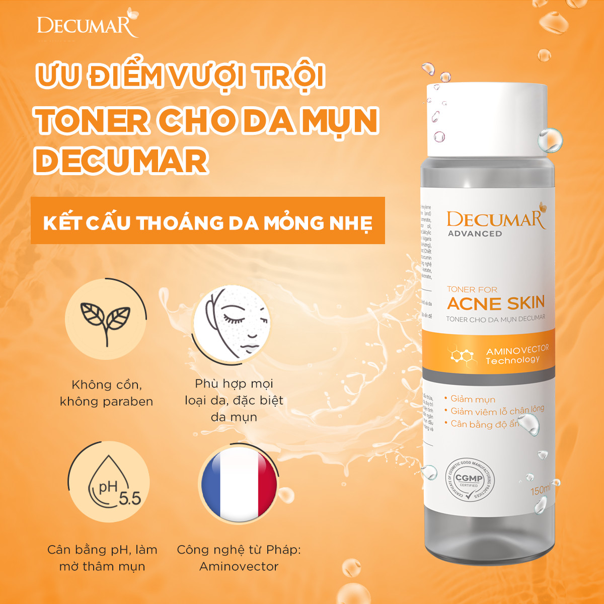 Toner Decumar Advanced 150ml cân bằng độ ẩm sạch thoáng ngừa mụn dịu mát phù hợp mọi loại da