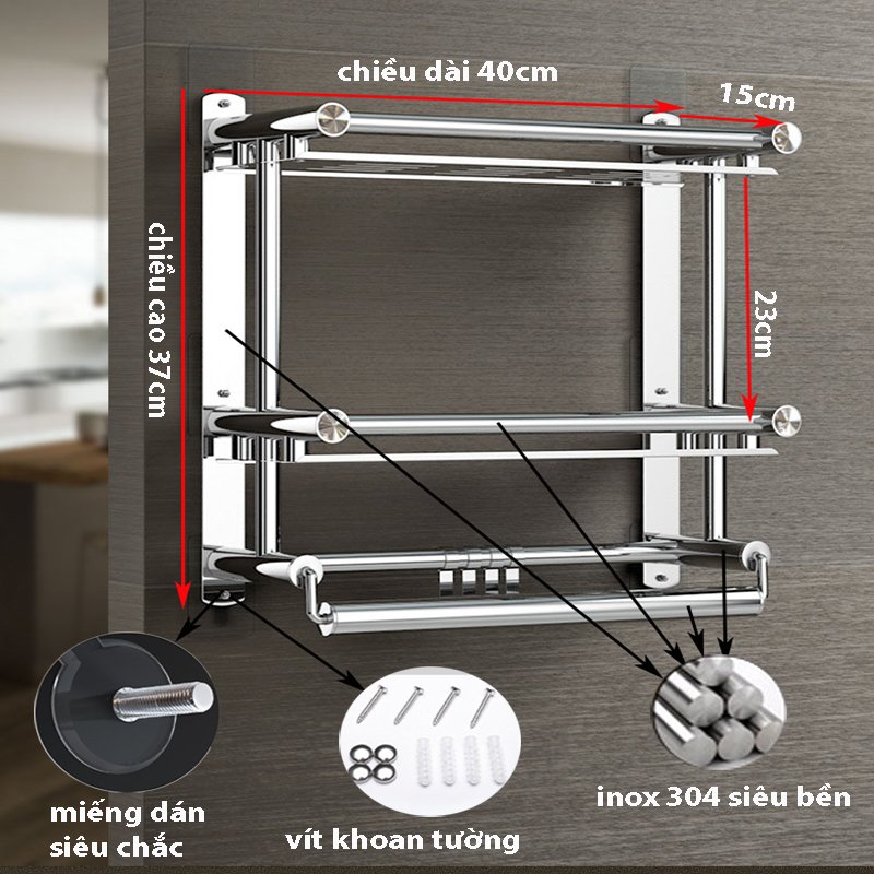 Giá Treo Đồ Nhà Tắm 3 Tầng INOX 304 Dán Tường Gạch Men Kèm Bộ Vít Khoan Tường - OENON