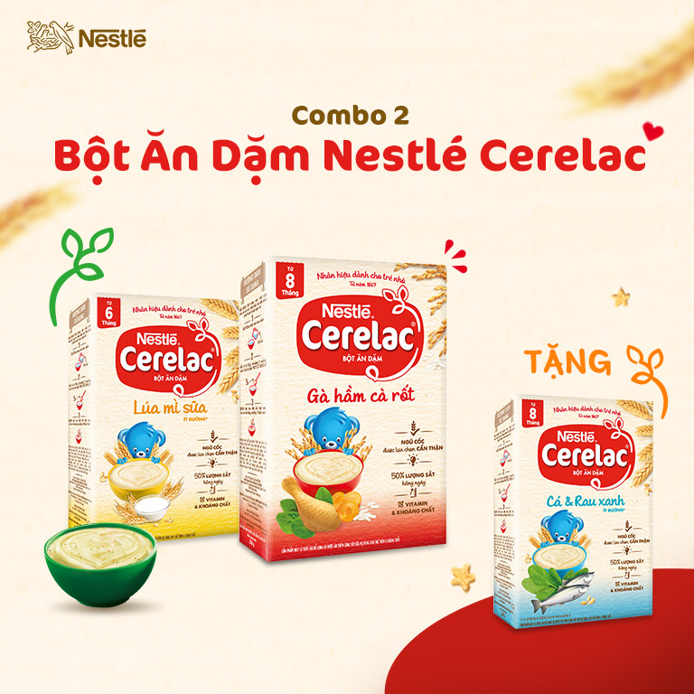 Combo 2 Bột Ăn Dặm  Nestlé Cerelac  Vị Lúa Mì Sữa 200gr / Gà Hầm Cà Rốt 200gr  + Tặng Bột Ăn Dặm Nestlé Cerelac Vị Cá Và Rau Xanh 200gr