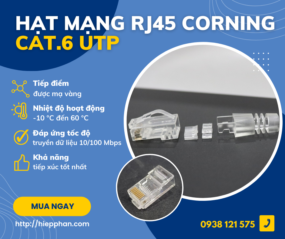 Đầu bấm mạng RJ45 UTP CAT6 (100 cái) - Corning - Hàng nhập khẩu