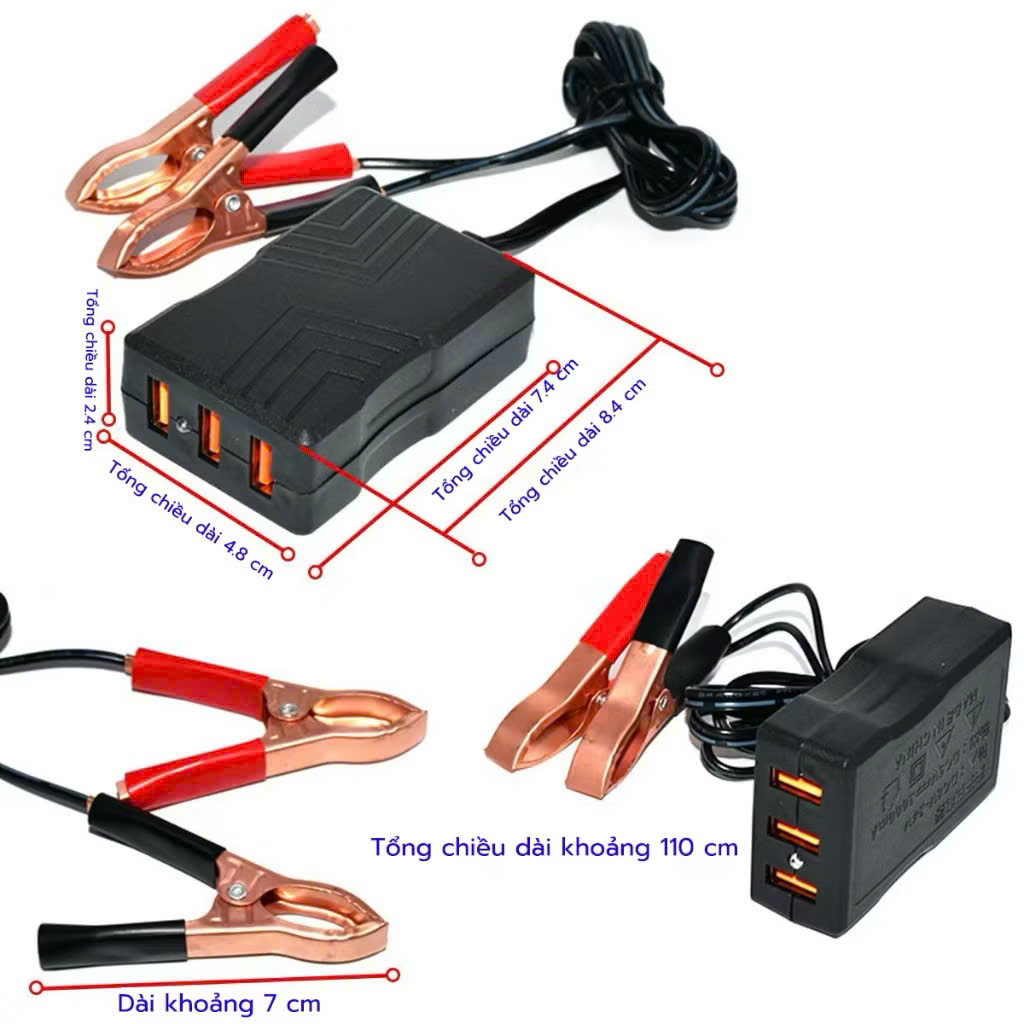 Kẹp Bình Ắc Quy Sạc Điện Thoại 3 Cổng USB – Tự Ngắt Bảo Vệ, Loại Xịn Sạc Nhanh Siêu Bền