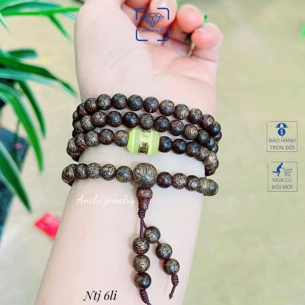 Vòng tay trầm hương nữ 108 hạt 6li mix lu thống dát vàng phong thủy, Anchi jewelry