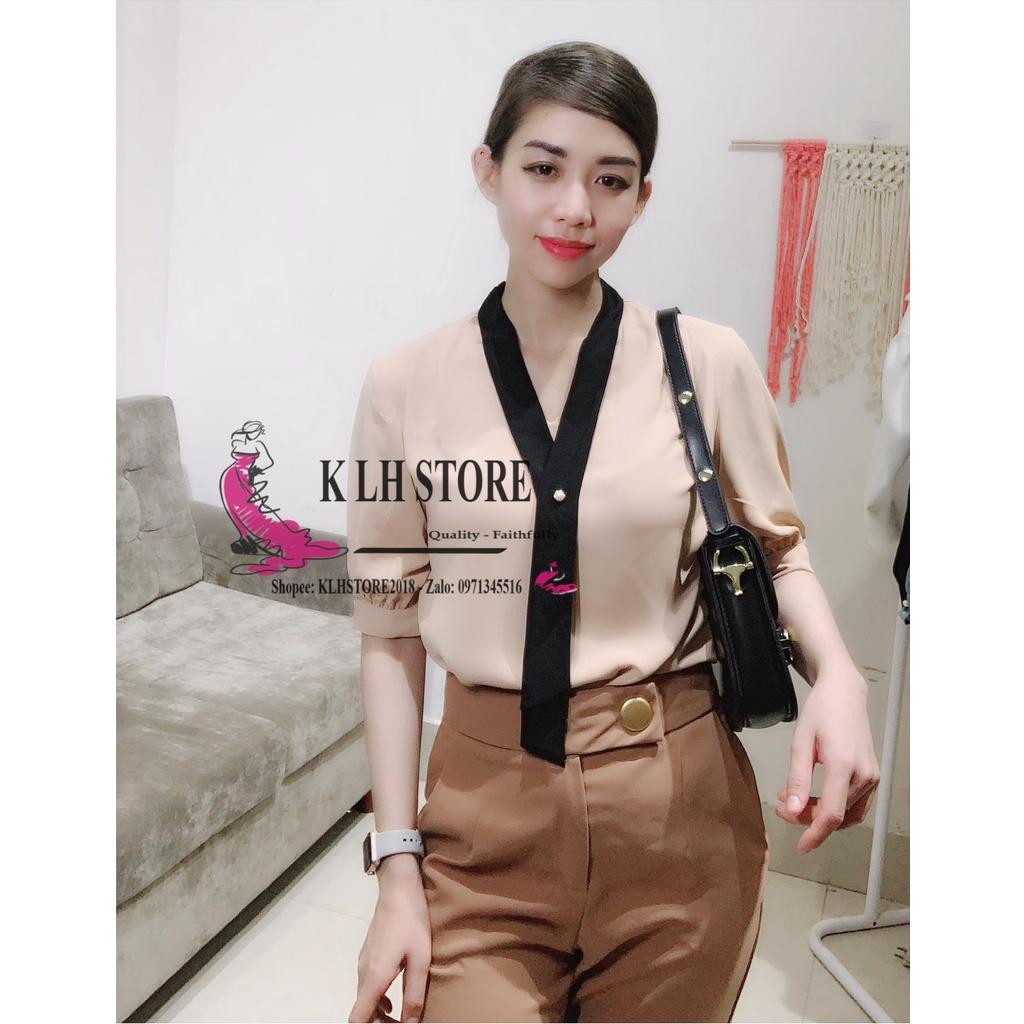 7. KLHSTORE2018 Áo sơ mi nữ màu da/ nude tay ngắn cổ viền đen dây thả đính hạt