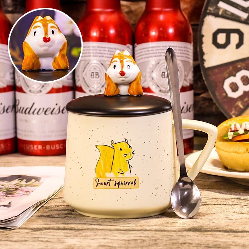 Cốc Uống Cafe Chú Sóc Dễ Thương 3D Vẽ Tay - Ly Uống Nước Có Nắp Và Thìa 400ml