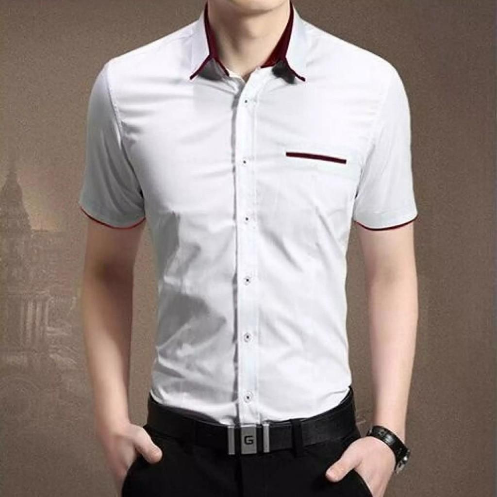Áo Sơ Mi Nam Trơn Ngắn Tay Viền Đỏ Cổ HT881 Thiết Kế Trẻ Trung, Sang Trọng