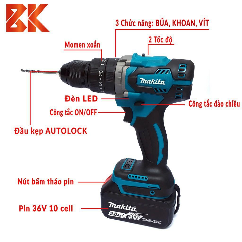 Bộ máy khoan pin makita 36V có búa khoan tường - pin khủng 10 cell - không chổi than - tặng ngay mũi khoan - có bảo hanh