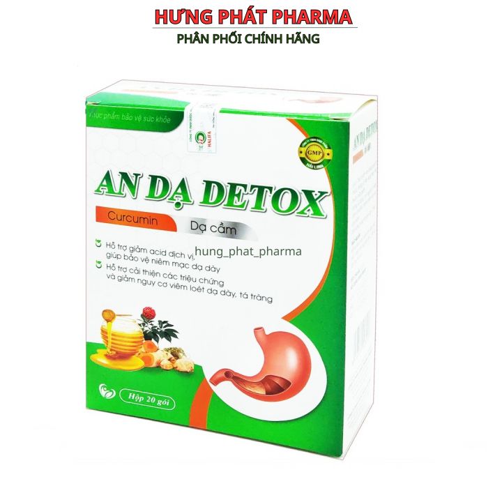 Nano Curcumin An Dạ Detox giúp giảm nhanh các triệu chứng viêm đau dạ dày, viêm loét dạ dày, tá tràng- hộp 20 gói