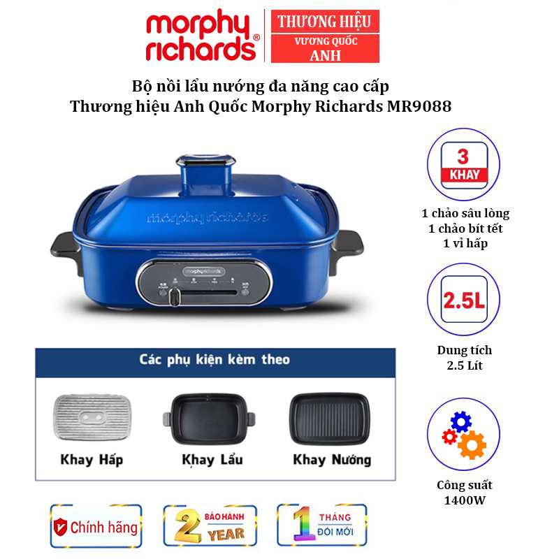 Nồi Lẩu Điện Đa Năng Cao Cấp Morphy Richards MR9088 (2,5L) - Có 3 Khay Hấp, Lẩu, Nướng Riêng Biệt - Hàng Chính Hãng - Tiêu chuẩn (3 Khay)