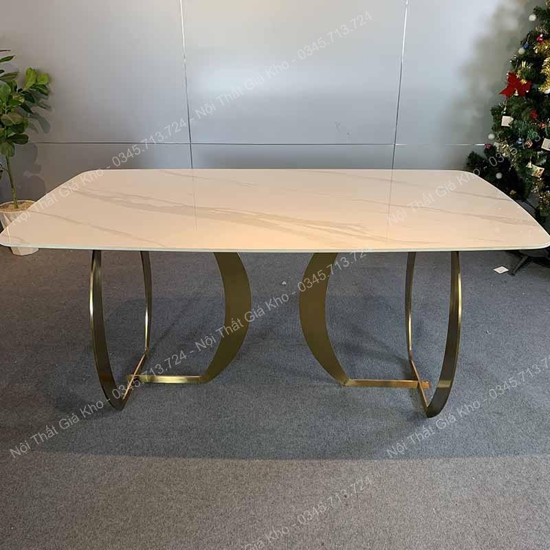 Bàn ăn mặt đá phiến , đá ceramic bóng dày 12mm chống trầy xước, ố vàng, chân 3 cấu inox mạ vàng PVD sáng bóng