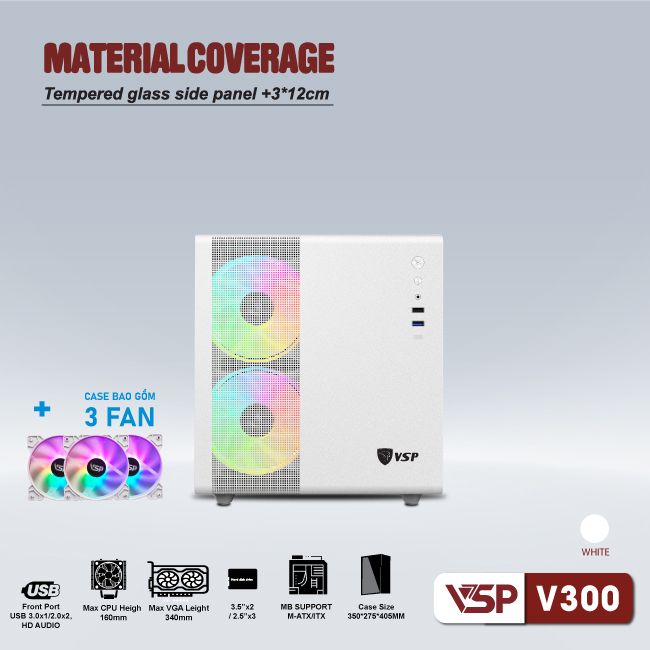 Vỏ máy tính Case VSP V300 [TRẮNG] sẵn 3 Fan LED ARGB Gaming Kính cường lực (M-ATX/ ITX) - Hàng chính hãng VSP phân phối