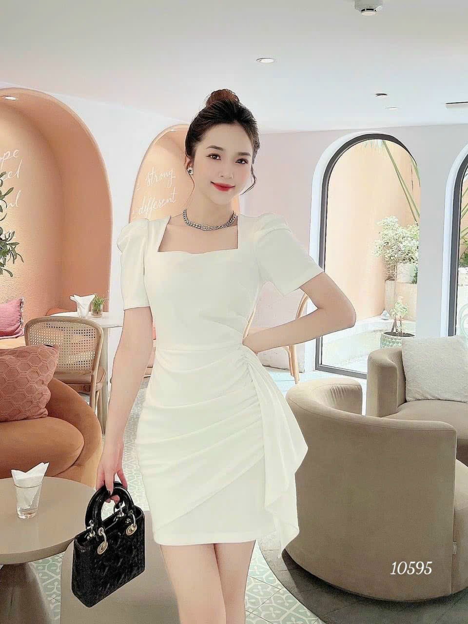 Đầm váy nữ ngắn dự tiệc cổ vuông ôm body trắng đen sexy gợi cảm chất vải dày