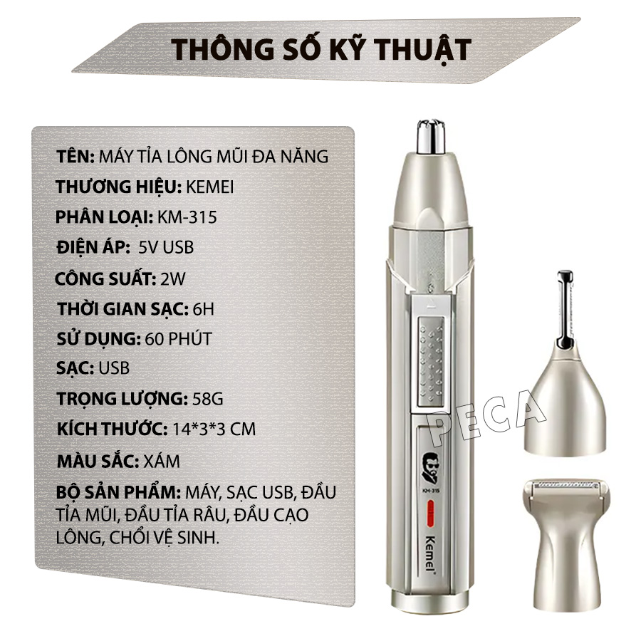 Máy tỉa lông mũi đa năng 3in1 Kemei KM-315 có thể tỉa râu, tóc mai, cạo lông - Hàng chính hãng