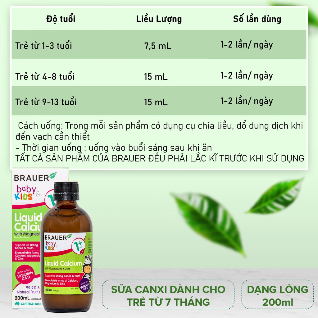 Bổ sung canxi, magie và kẽm Brauer Úc cho trẻ trên 1 tuổi (200ml) Liquid calcium