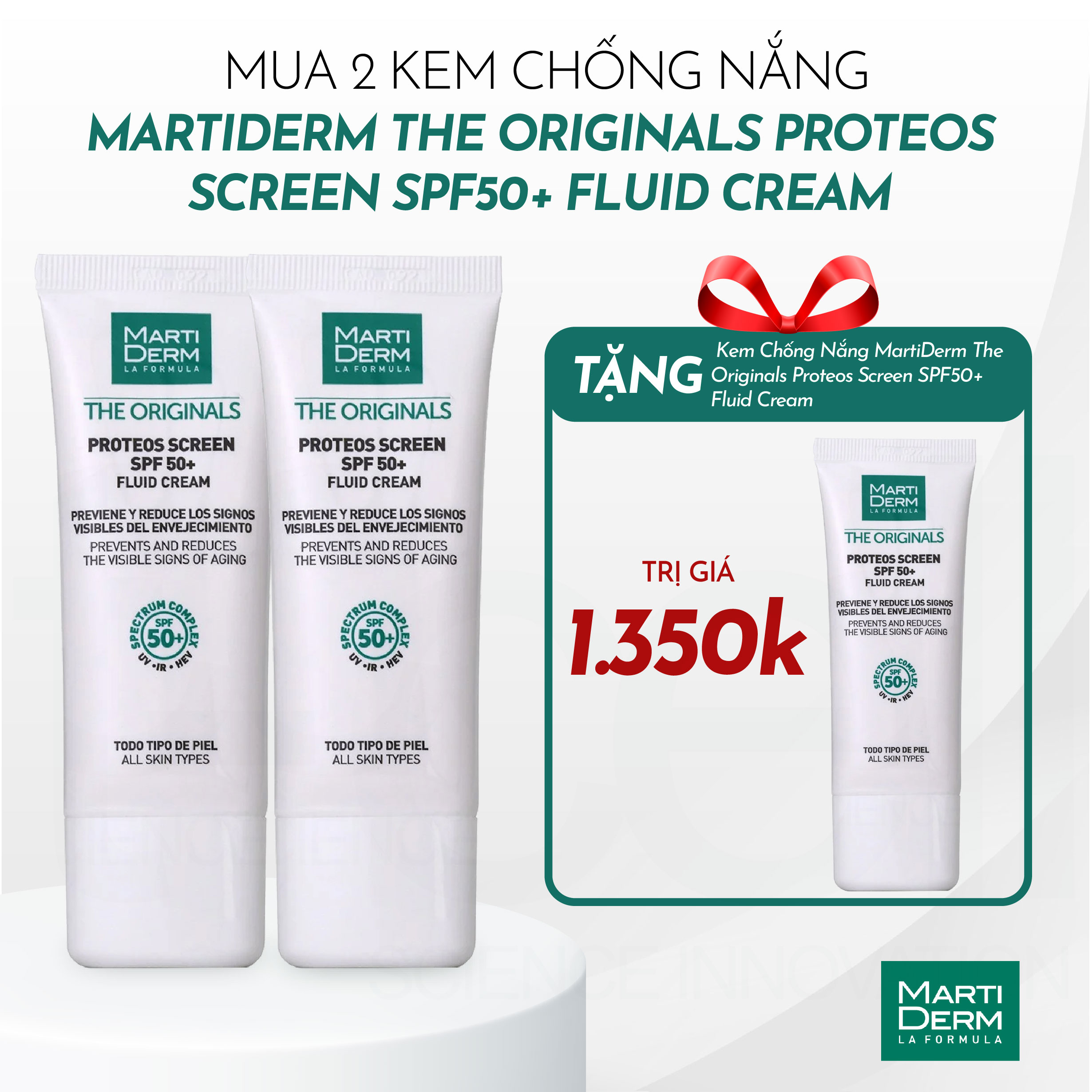 [ƯU ĐÃI] Combo 2 Tuýp Kem Chống Nắng Phổ Rộng Toàn Diện Ngừa Lão Hóa Martiderm The Originals Proteos Screen SPF50+ 40ml