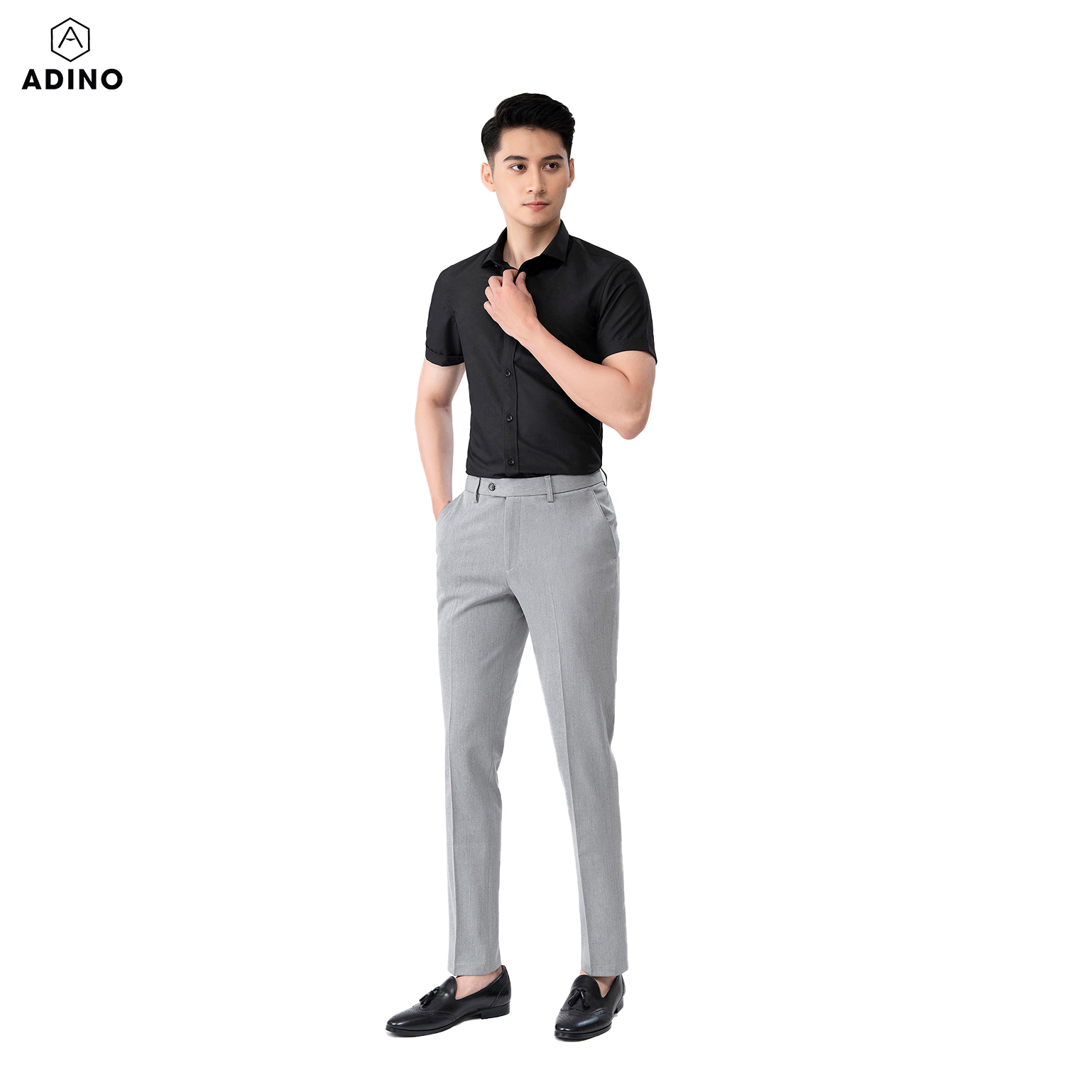 Áo sơ mi nam tay ngắn ADINO màu đen vải sợi sồi modal dáng slimfit trẻ trung CT103