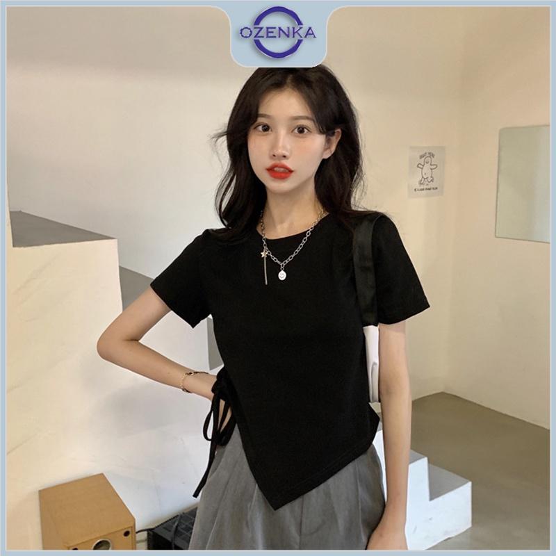 Áo croptop ulzzang kiểu vạt chéo rút dây rộng cổ tròn OZENKA , áo crt thun cotton basic màu đen trắng mặc đi học đi chơi