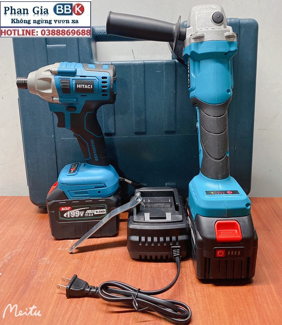 Bộ Combo 2 Trong 1 Gồm Máy Mài Góc Và Máy Chuyên Vít 199V 2 Pin 15 Cell, Động Cơ Không Than - Tặng Hộp Đựng
