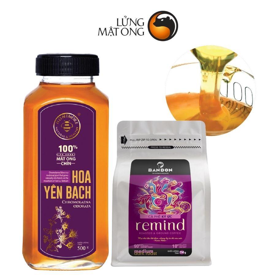 Mật ong chín Honimore Hoa Yên Bạch 500g + Cà phê rang xay nguyên chất mộc sạch Bandon Remind 250g