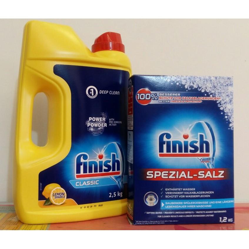 Combo Bột rửa bát Finish Classic 2.5kg + Muối 1.2kg + Nước làm bóng Finish 750ml + Tặng 3 viên Finish dùng thử