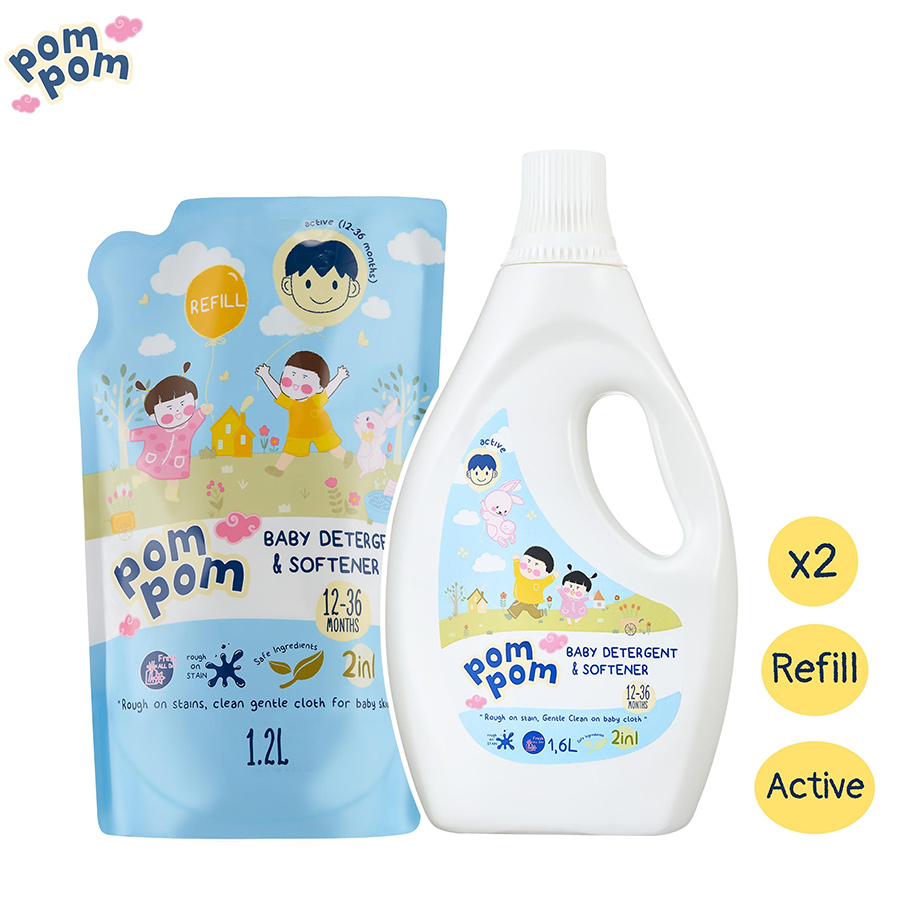 Combo 01 Túi 1.2L + 01 chai 1.6L - Nước Giặt xả Pom Pom Active Sạch Khuẩn Khử Mùi (12 -36 tháng)