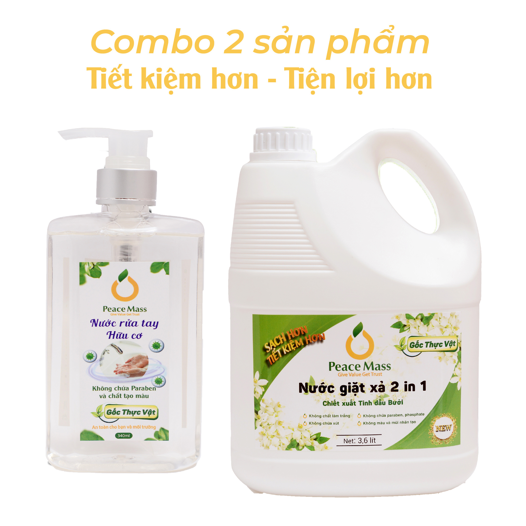 Combo Sản Phẩm Gốc Thực Vật NGB2 Peace Mass Nước Giặt Xả 2 in 1 3.6 lít + Nước Rửa Tay 340ml (Thuộc nhóm Sản phẩm Lành tính / Hữu cơ)