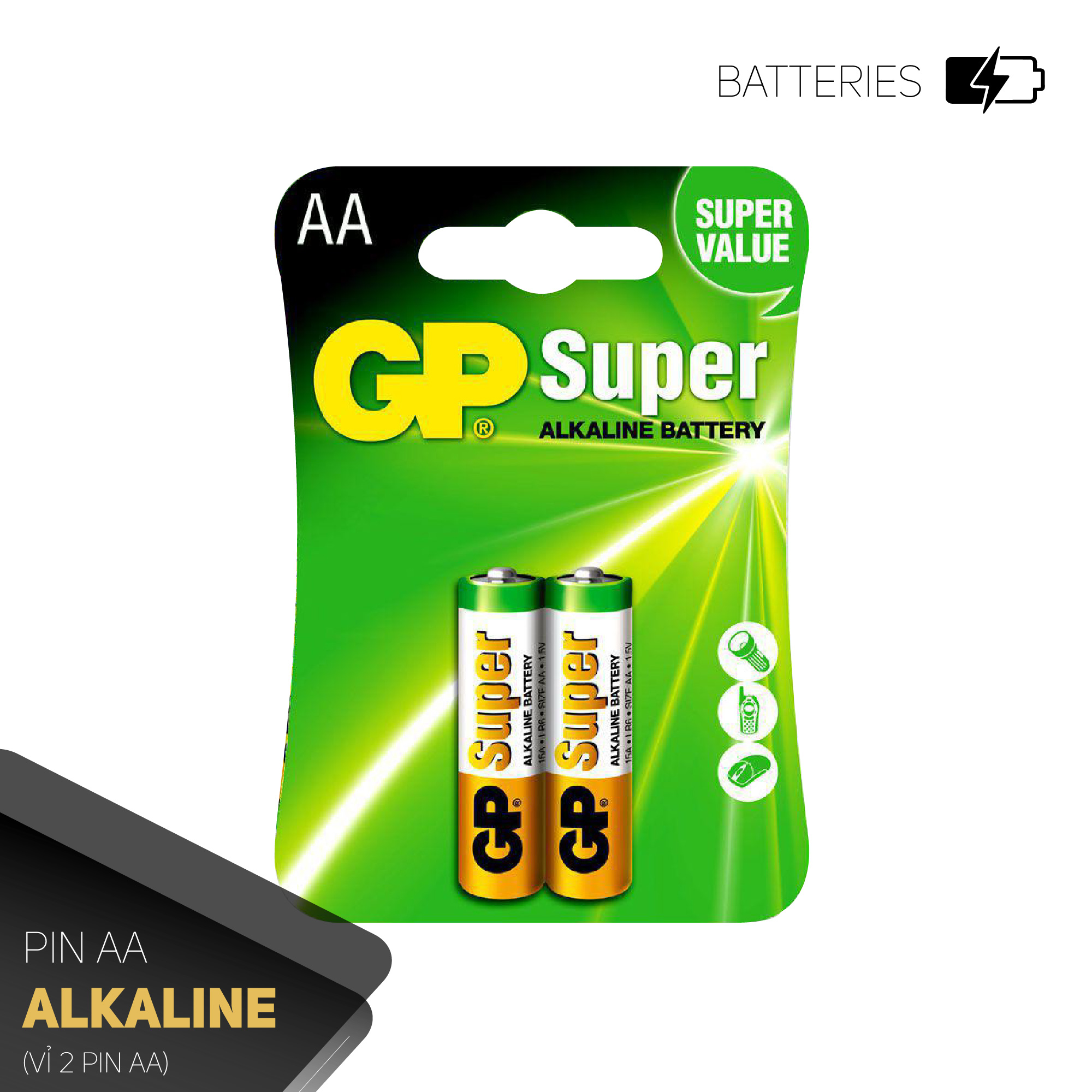 Pin tiểu GP Super Alkaline AA 1.5V (2 viên/4viên),Pin AA GP,Pin chuột máy tính,Pin điều khiển quạt,Pin điều khiển tivi,Pin sử dụng cho các thiết bị nhỏ,Pin đồng hồ treo tường,Pin đồ chơi điện tử trẻ em