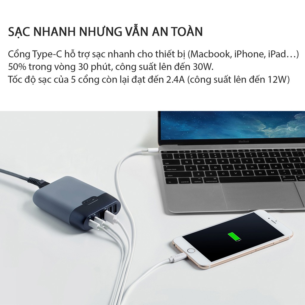 Adapter Sạc 6 Cổng Công Suất 60W MiLi Charger Station III Hỗ Trợ Sạc Nhanh Power Delivery HC-60-C - Hàng Chính Hãng