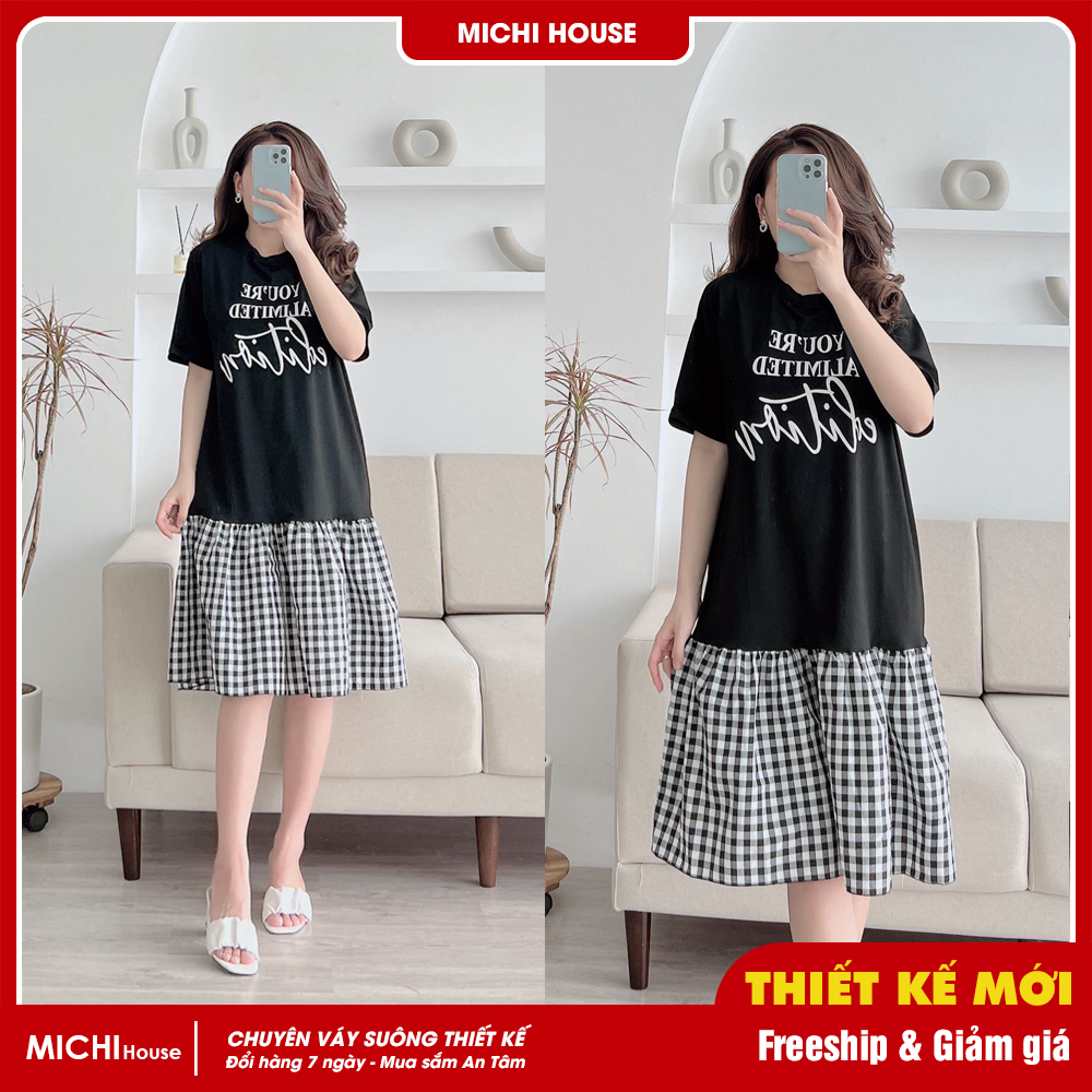 Đầm Thun Phối Kẻ Đuôi Cá Form Rộng MICHI House - V407 Váy Xuông Cổ tròn Tay Ngắn Freesize Mặc Bầu Xinh