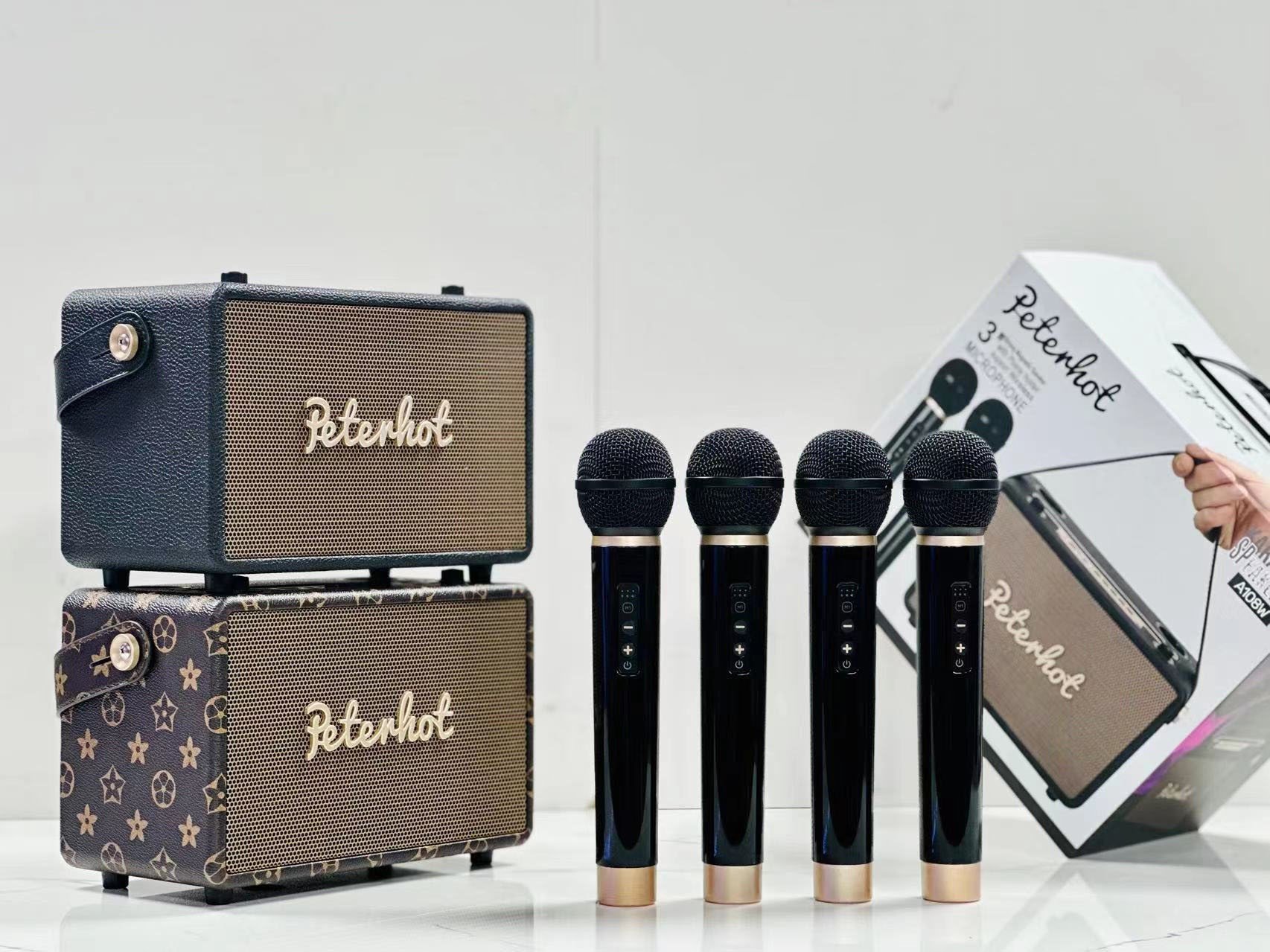 Loa Bluetooth Karaoke Peterhot A108W Kèm 2 Micro Không Dây Hàng Chính Hãng