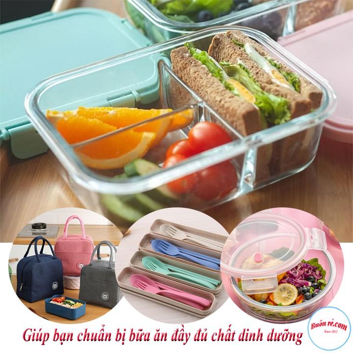 Combo cơm văn phòng: Hộp thủy tinh 3 ngăn 1000ml / Hộp thủy tinh tròn 400ml / Túi đựng cơm Lunch Bag / Bộ đũa+thìa+dĩa