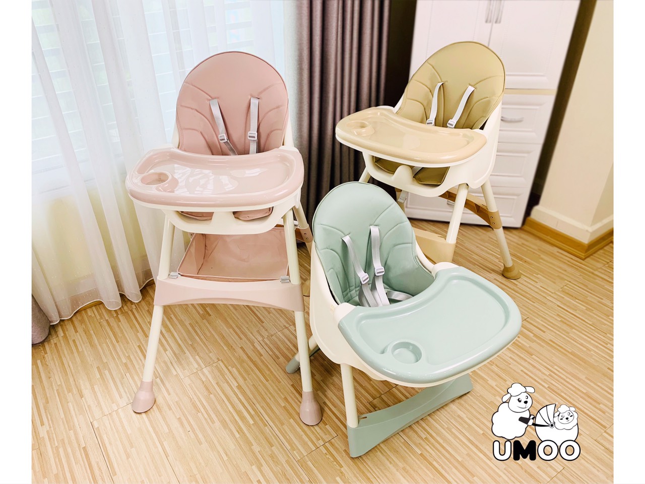 Ghế ăn dặm đa năng cao cấp thiết kế Hàn Quốc 7 chức năng, 2 nấc điều chỉnh độ cao UMOO, đệm bọc da cao cấp, hỗ trợ bé ăn dặm, giúp bé ngồi yên khi ăn - Hàng chính hãng
