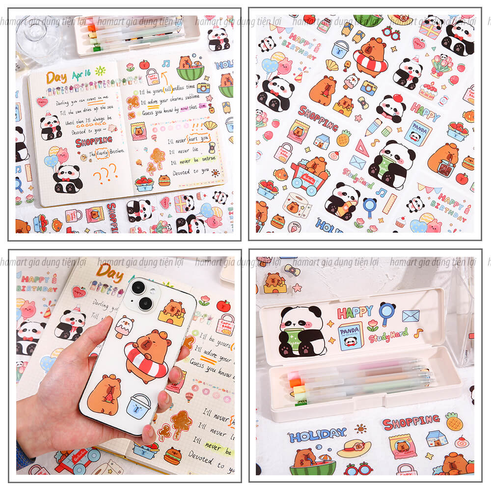 SET 6 Tờ 90 Nhãn Dán Sticker Thỏ Gấu Chuột PET Trong Suốt Cute Không Thấm Nước Trang Trí Dễ Thương - SET 6 Tờ Thỏ &amp; Gấu