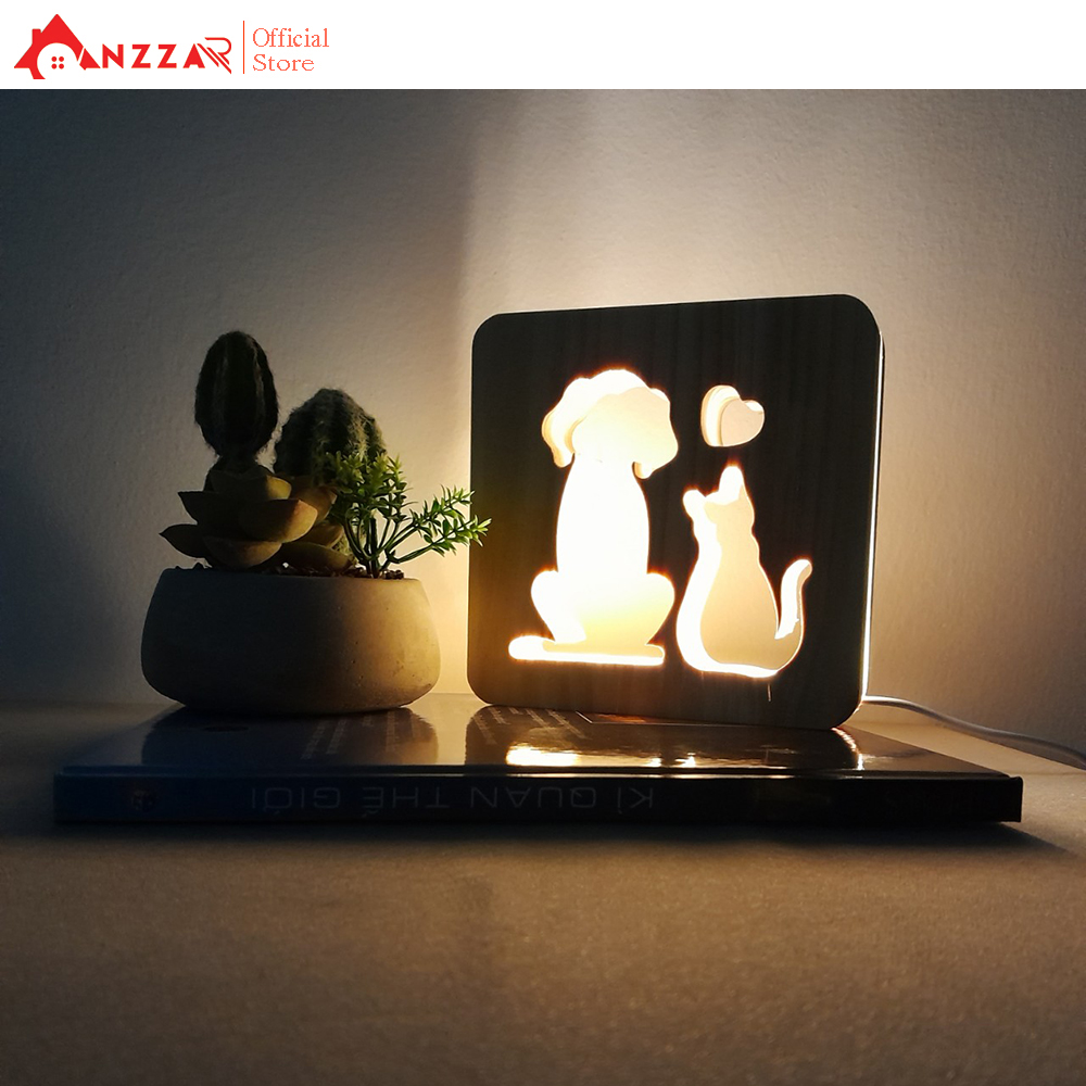 Đèn ngủ để bàn thân gỗ hình thú cưng - Đèn để bàn trang trí vintage đầu cắm USB - DN01