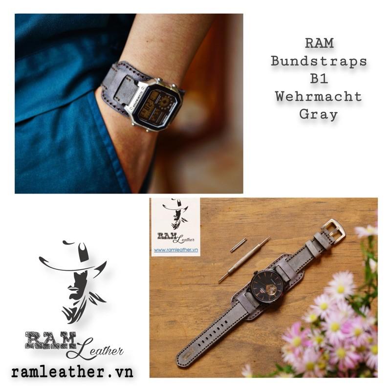 COMBO DÂY ĐỒNG HỒ DA BÒ THẬT XÁM ĐÁ + RAM BUNDSTRAP B2 XÁM QUÂN ĐỘI ĐỨC-ĐỦ SIZE