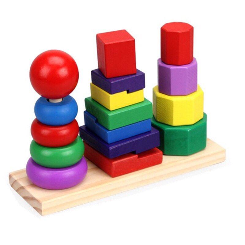 Tháp thả hình khối 3 cọc bằng gỗ montessori đồ chơi thông minh cho bé rèn luyện tư duy trí tuệ