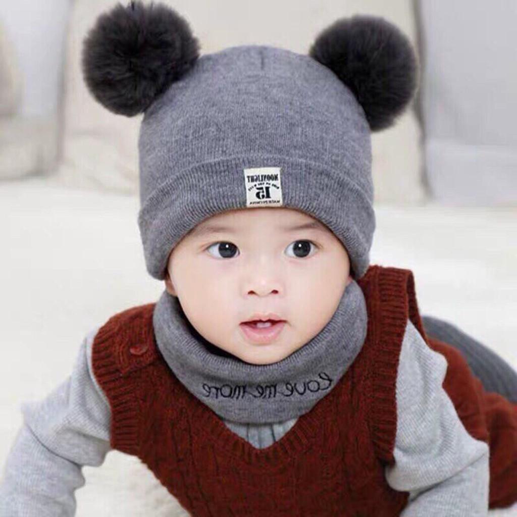 Sét Mũ len 2 quả bông kèm khăn cho bé