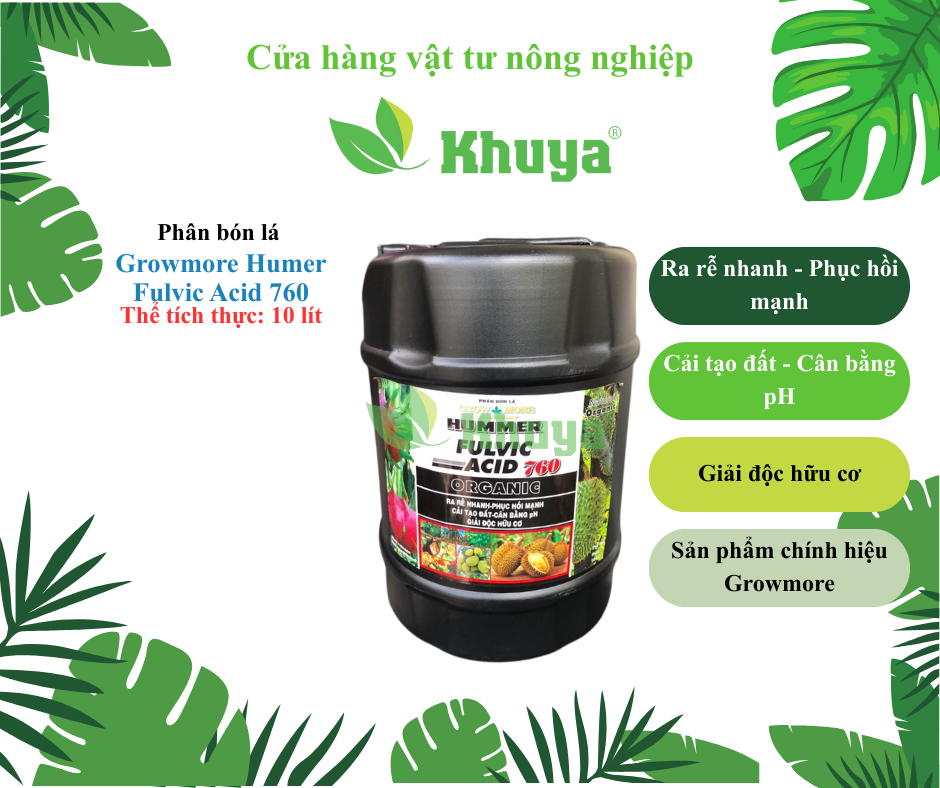 Phân bón lá sinh học Growmore Hummer Fulvic Acid 760 Organic 10 lít