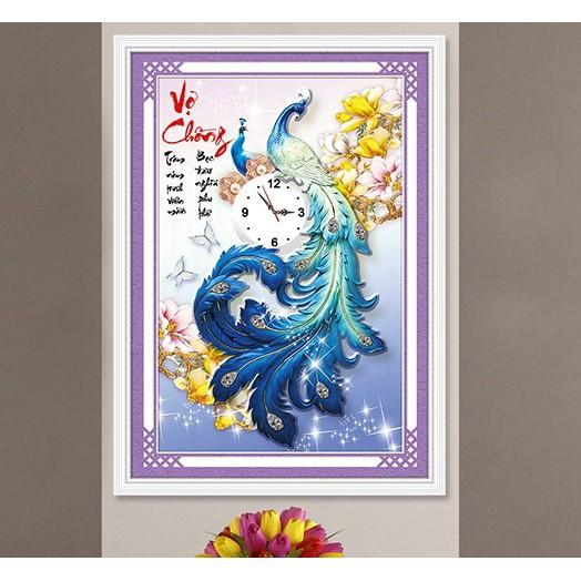 Tranh đá vợ chồng công xanh đồng hồ LG1105 - kích thước: 65 * 45cm.